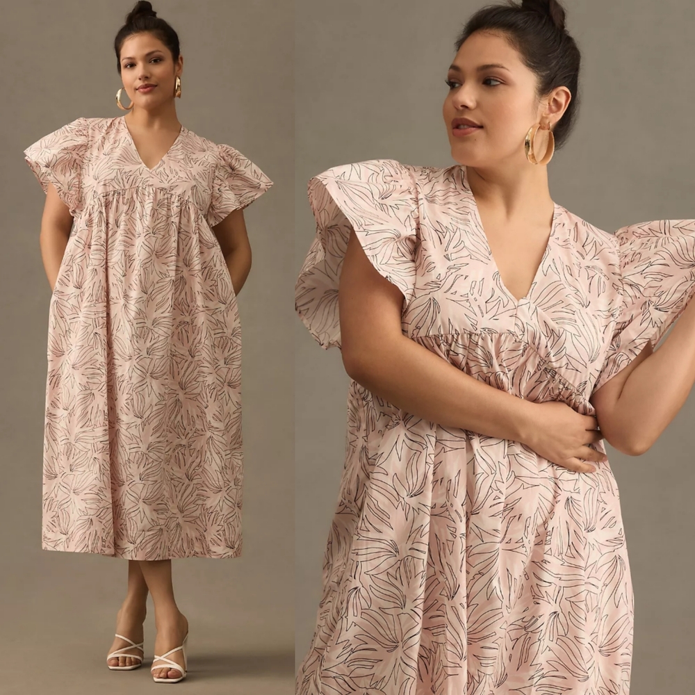 Anthropologie Maeve Printed Flutter-Sleeve Babydoll Dress